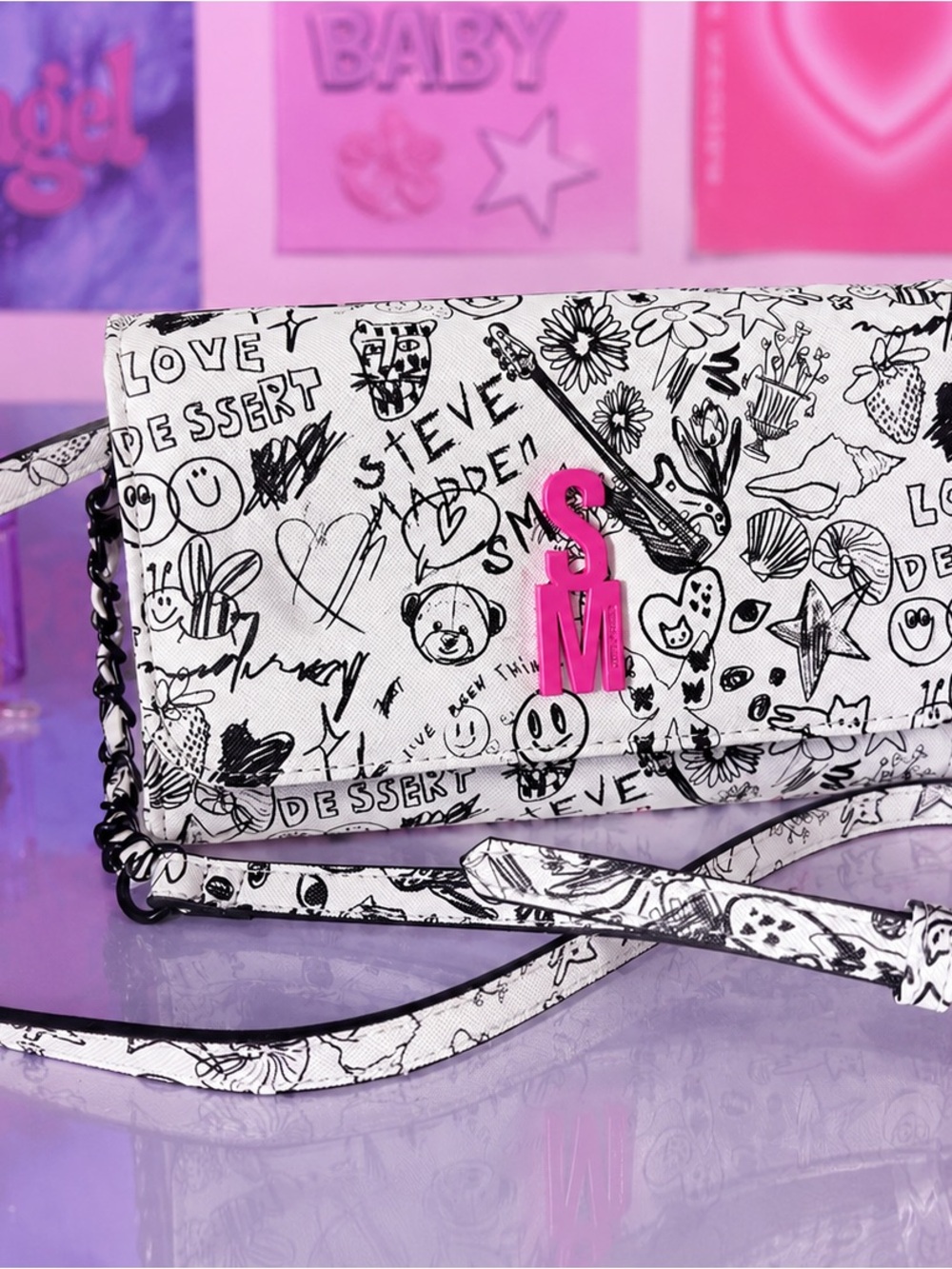Steve Madden white & black graphic print cartoon doodle drawing mini purse
